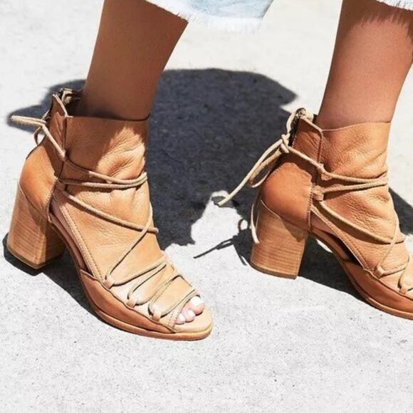 Free People X BASKE Ariel Bootie 6 Tan Leather Peep Toe Block Heel Lace Up Boho - Picture 1 of 12